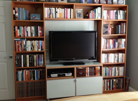 IKEA Hackers: Billy library to entertainment center Bookshelf Entertainment Center, Tv Bookcase, Ikea Uk, Billy Ikea, Bookshelves With Tv, Entertainment Center Wall Unit, Built In Entertainment Center, Bookcase Wall Unit, Entertainment Wall Units