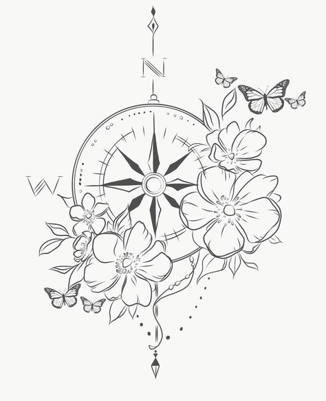 Compass Tattoo With Butterfly, Boho Compass Tattoo, Mandala Compass Tattoo Feminine, Compass Tattoo With Flowers, Compass Tattoo Design Woman, Compass Rose Tattoo Feminine, Compass With Flowers Tattoo, Compass Flower Tattoo, Compass Tattoo Ideas For Women