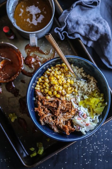 Korean Barbecue Quinoa Bowl www.climbinggriermountain.com Bbq Quinoa, Slow Cooked Pulled Pork, Korean Pork, Boneless Pork Shoulder, Barbecue Sauce Recipes, Korean Barbecue, Quinoa Bowl, Bowl Recipe, Korean Bbq