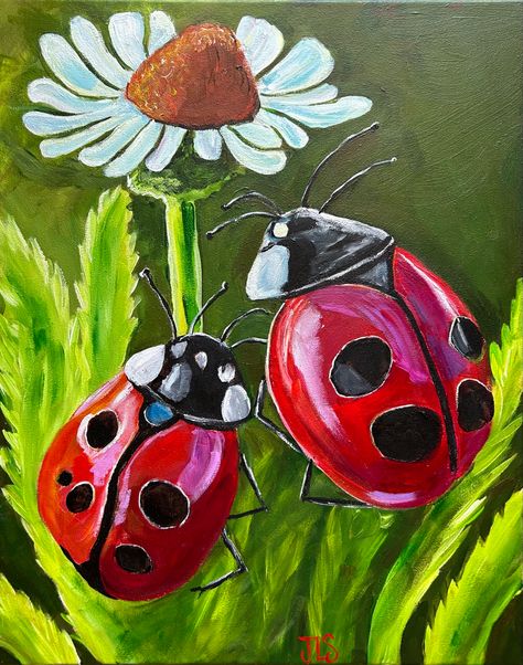 Red Ladybugs on green leaves Ladybug Painting, Ladybug Wall Art, Foyer Art, Girls Bedroom Art, Nursery Art Set, Mailbox Ideas, Whimsical Art Paintings, Home Decor Colorful, Ladybug Art