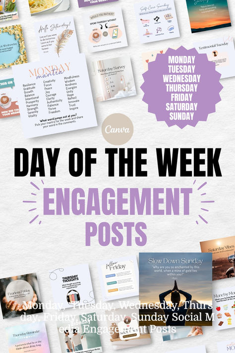 Monday,  Tuesday, Wednesday, Thursday, Friday, Saturday, Sunday Social Media Engagement Posts Questions For Facebook, Engagement Questions, Hello Saturday, Tasty Tuesday, Posts Ideas, Vero Beach Florida, Templates For Instagram, Wellness Wednesday, Days Of The Week