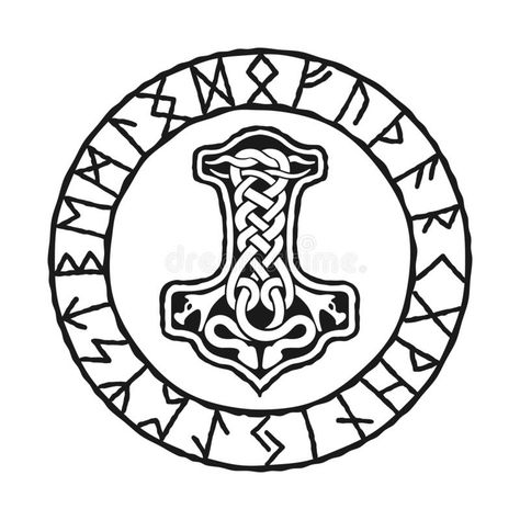 Mjolnir - Thors Hammer, Drawing in Celtic Knot Design, and Norse Runes Circle, Isolated on White, Vector Illustration. Viking Stock Vector - Illustration of rune, witchcraft: 241197341 Viking Hammer Drawing, Viking Hammer Tattoo Design, Thors Hammer Drawing, Mjolnir Tattoo Design, Rune Witchcraft, Thors Hammer Tattoo, Runes Circle, Viking Religion, Thor Hammer Tattoo