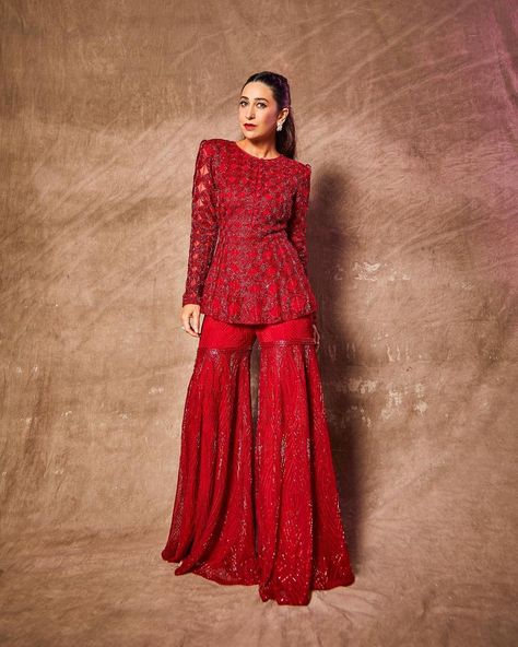 Red Sharara Suit, Red Sharara, Bollywood Suits, Georgette Sharara, Karishma Kapoor, Salwar Suits Party Wear, Gaun Fashion, Sharara Suit, Palazzo Set