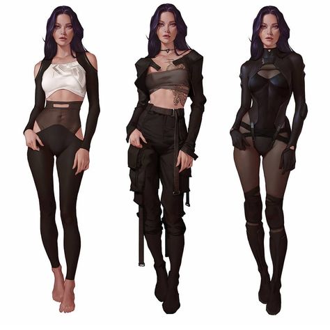 Christophe Young Art, Sci Fi Character Art Female Suit, Concept Clothing Design, Female Assassin Character Design, Assassin Outfits Female, Clothes Design Sketches Women, Scifi Character Design, Different Poses, Cyberpunk Fashion