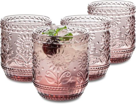 Embossed Floral Decorative Glasses Set, for Water, Whisky, Juice, Beverages, Cocktail, Colored Glassware-12 OZ Purple Victorian Glassware, Pink Drinking Glasses, Classy Dinner Party, Sunflower Motif, Glass Cup Set, Wine Kitchen, Vintage Drinking Glasses, Pink Glassware, Glassware Drinking