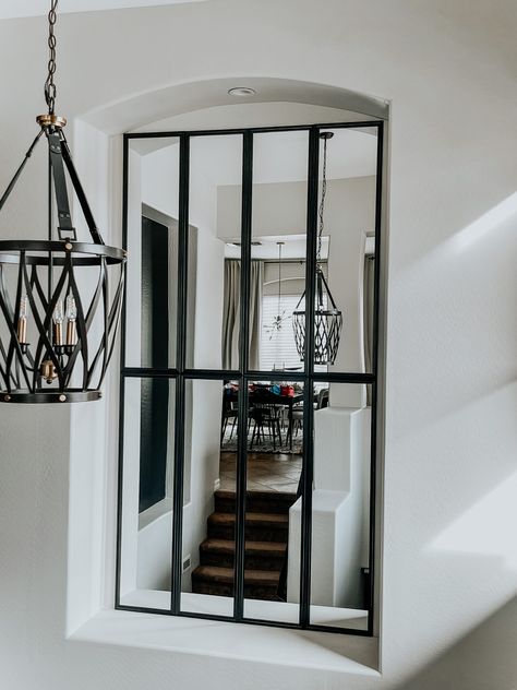 HOW TO FILL A STAIRWELL NICHE WITH FULL-LENGTH MIRRORS Mirror In Stairwell, Coordinates Art, Staircase Landing, Niche Ideas, Ikea Mirror, Create Canvas, Window Pane, Full Length Mirror, Large Mirror