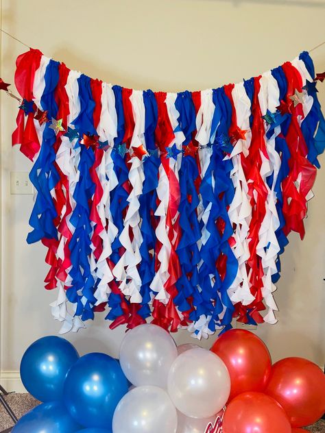 "Beautiful ruffled/curly Red, White & Blue Fringe! You have the option to add silver or gold metallic. FREE SHIPPING Handmade from premium tablecloths. Each streamer is individually cut and tied to jute twine. This fringe does NOT include any banners or balloons. Colors: Red, white and royal blue Can add metallic for extra cost Dimensions: Streamer to streamer is 48\" Height varies from 8\"-58\" Extra twine is left for hanging Hanging Recommendations: I recommend you hang from removable command Red White And Blue Backdrop, Fourth Of July Backdrop, Curly Fringe, Red White And Royal Blue, Forth Of July, Fringe Backdrops, Blue Backdrop, Small Business Inspiration, Blue Backdrops