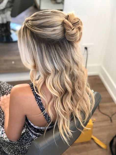 half up half down bun with waves |hairstyle by goldplaited Half Bun Hairstyles, Half Up Half Down Hair Prom, Simple Prom Hair, Ball Hairstyles, Fesyen Rambut, Prom Hair Down, Prom Hairstyles, Half Up Hair, Easy Hairstyles For Long Hair