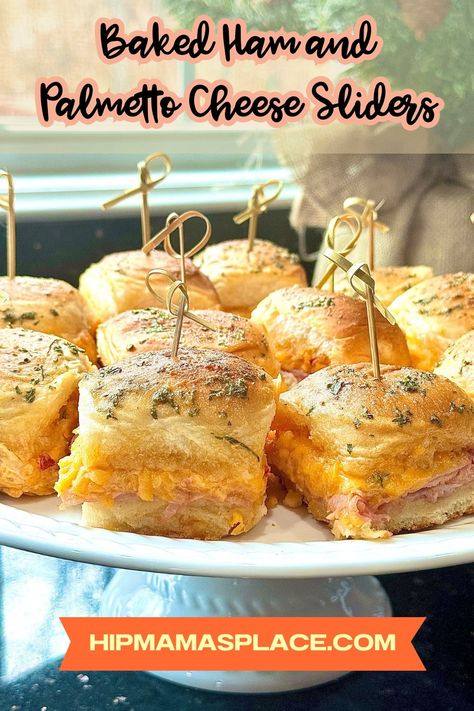 baked ham and cheese sliders Ham And Pimento Cheese Sliders, Pimento Cheese Sliders, Baked Ham And Cheese Sliders, Awesome Sandwiches, Sweet Hawaiian Rolls, Sliders Recipes Hawaiian Rolls, Palmetto Cheese, Ham Sliders, Savory Ham