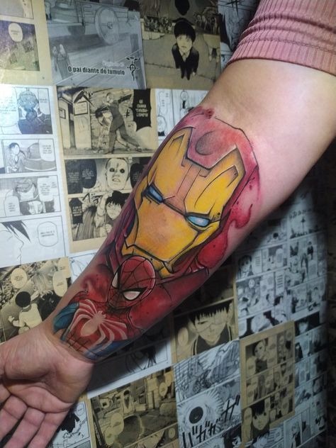 Ironman e Spiderman Hulk Tattoo, Neon Tattoo, Comic Tattoo, Marvel Tattoos, Illustration Tattoo, Iron Man Suit, Calf Tattoo, Tattoo Photo, Insta Photo