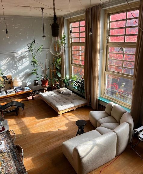 @atelier_1.03 | Instagram Living Room Big, Loft Living Room, Leather Sofa Living, Aesthetic Living Room, Living Room Loft, Apartment Renovation, Cozy Room Decor, Wood Windows, House Room