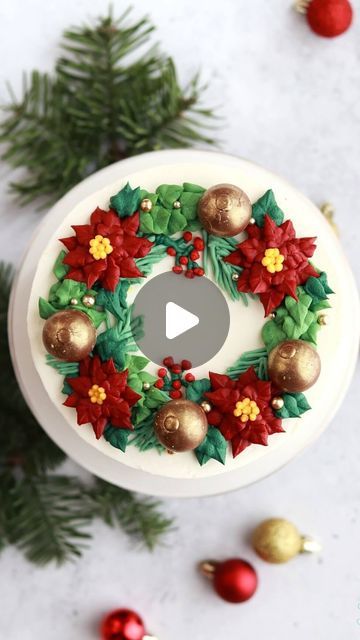 Whitney DePaoli | Sugar & Sparrow on Instagram: "Piping the greenery on this wreath cake is sooo satisfying 🌿💆🏽‍♀️ this design is one of my favorite ways to use the buttercream poinsettias I made a few Reels ago + so easy if you’re looking for some holiday cake inspiration. Details:⁣
⁣
🌲Piping Tips: @wiltoncakes 2 for the pine sprigs and 352 for all the other leaves ⁣
♥️Buttercream Poinsettias: tutorial at sugarandsparrow.com/buttercream-poinsettias⁣
🟡 Large gold spheres: @lindt_usa truffles rolled in gold luster⁣
✨Small gold sprinkles: @sprinklepop.shop⁣
⁣
#poinsettia #buttercreamflowers #wreathcake #holidaycake #pipingskills #cakedecorating #cakes #cakeideas #cakesofig #bake #holidaybaking #floralcake" Easy Christmas Cake Recipe, Wreath Cake, Holiday Cake, Gold Sprinkles, Christmas Cake Recipes, Piping Tips, Buttercream Flowers, Holiday Cakes, Floral Cake