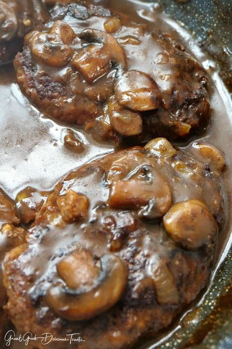 Salisbury Steak in Mushroom Onion Gravy Best Salisbury Steak Recipe, Homemade Salisbury Steak, Hamburger Steaks, Slow Cooker Salisbury Steak, Wls Recipes, Salisbury Steak Recipes, Onion Gravy, Crockpot Cooking, Honey Bbq