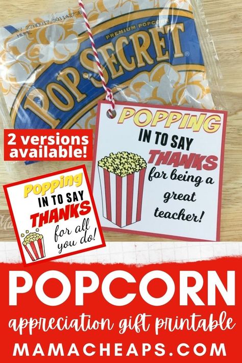 Teacher Popcorn Gift Free Printable, Just Popping By Printable Popcorn Free, Popcorn Thank You, Popcorn Thank You Printable Free, Just Popping By Printable Popcorn, Popcorn Thank You Gifts, Popcorn Teacher Appreciation Printable, Popcorn Teacher Appreciation, Referral Ideas