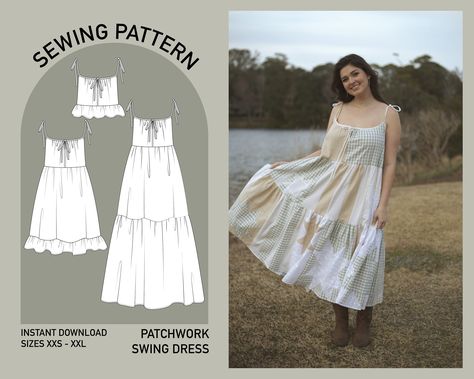 Patchwork Swing Dress Sewing Pattern PDF digital download, size XXS - XXL Midi, Mini, and Top Options Included Included with purchase: Instruction packet with visual and written directions  8.5x11 Letter Size Pattern A4 Size Pattern A0 Size Pattern Pattern Includes:  Printable sewing pattern for top portion of dress Detailed description of the dimensions and assembly of all cut pieces for the skirt (rectangles and sawtooth star quilt blocks) Sew your very own cottage-core inspired, beginner-friendly dress!  Detailed, step-by-step instructions with images for every part of the process, including making the Sawtooth Star Quilt blocks, and each technique used along the way.  Follow the layout exactly as I made mine (using a fill-in diagram included), or freestyle the skirt design for a comple Sewing Easy Projects, Cottage Core Dress Pattern Free, Cottagecore Dress Sewing Pattern, Cottage Core Patterns Sewing, Boho Sewing Patterns, Dress Block Pattern, Easy Cottagecore Dress Pattern, Cottage Core Skirt Sewing Pattern, Patchwork Clothes Diy