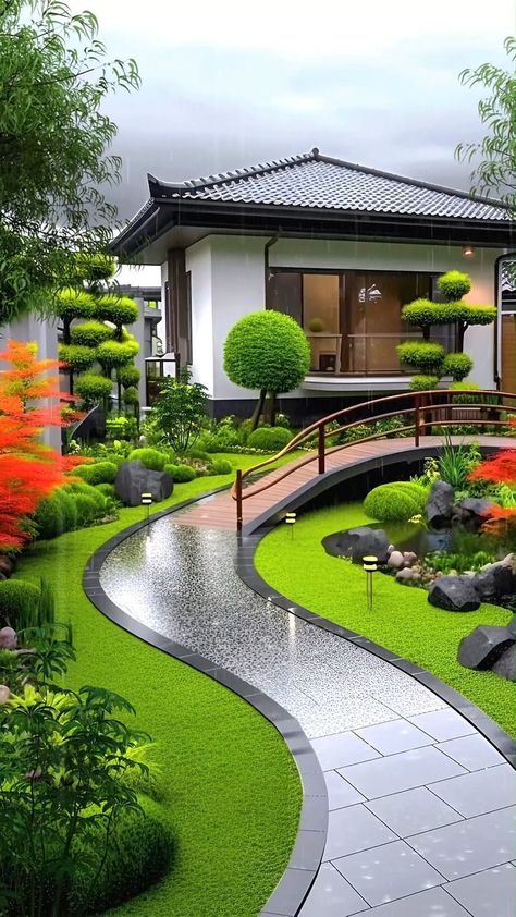 Define the edges of your lawn with brick, stone, or metal edging to keep a clean look. Garden In Bloxburg, Modern Garden Inspiration, Lawn Design Ideas, Japanese Garden Landscape, Beautiful Home Gardens, Terrace Garden Design, Modern Backyard Landscaping, Modern Backyard, Contemporary Garden