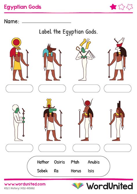 Differentiated for all abilities, children can label the colourful illustrations of Egyptian Gods with this worksheet, using the words, clues or no clues. Includes answer sheet. Supports the following areas of learning within Key Stage 2: History. Ancient Egypt Worksheets, Egypt Worksheets, Ancient Egypt Printables, Egypt Unit Study, Ancient Egypt Unit Study, Ancient Egypt Lessons, Ancient Egypt Activities, Egypt Lessons, Ancient Egypt For Kids