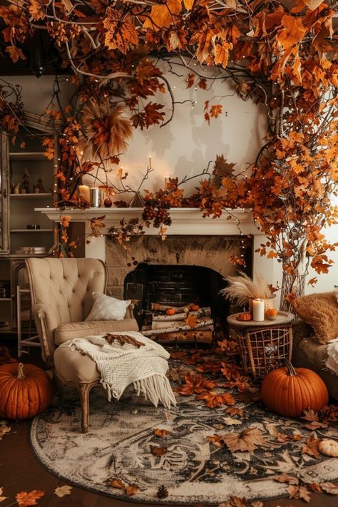 Moody Autumn Decor, Diy Fall Tree, Pumpkin Photoshoot, Autumnal Decor, Autumn Living Room, Fall Front Porch Decor Ideas, Halloween Living Room, Halloween Bedroom Decor, Halloween Office