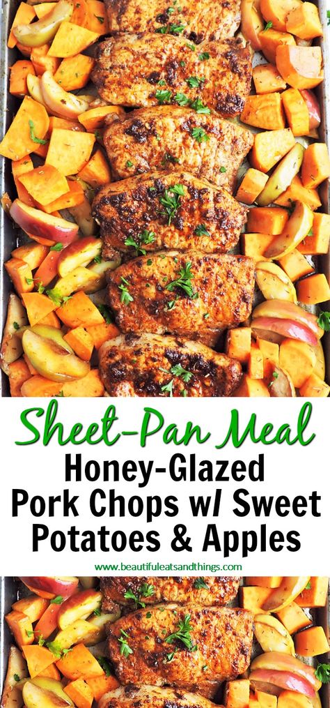 Pork Chops With Sweet Potatoes, Honey Glazed Pork Chops, Honey Pork Chops, Pan Pork Chops, Pork Chops And Potatoes, Apple Pork Chops, Sweet Pork, Glazed Pork Chops, Easy Sheet Pan Dinners