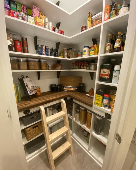 Corner Pantry With Counter, Walk In Corner Pantry Ideas Layout, 4 X 4 Pantry, Small Pantry Design Ideas Corner, Diy Pantry Update, Walk In Pantry Deminsions, Corner Pantry Renovation, Farmhouse Corner Pantry, 3x3 Pantry Ideas