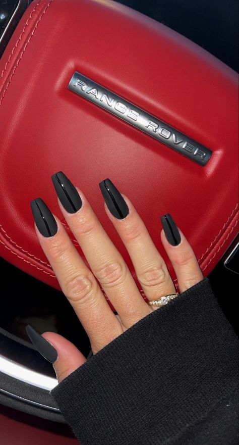 Mat Black Nails, Black Nails Long, Black Sparkle Nails, Red Range Rover, Nails Matte Black, Long Black Nails, Matted Nails, Matte Acrylic Nails, Black Gel Nails