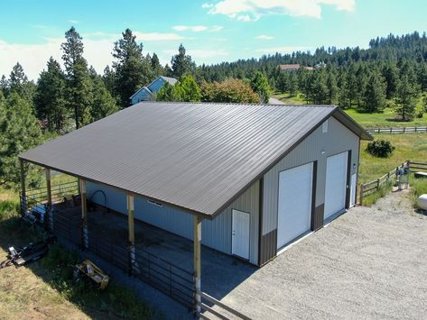 Shop With Lean To On Both Sides, Shop With Lean To, Metal Shop Building 40x60, 40x60 Shop, Steel Garage Buildings, Post Falls Idaho, Metal Shop Building, Building A Pole Barn, Building A Cabin