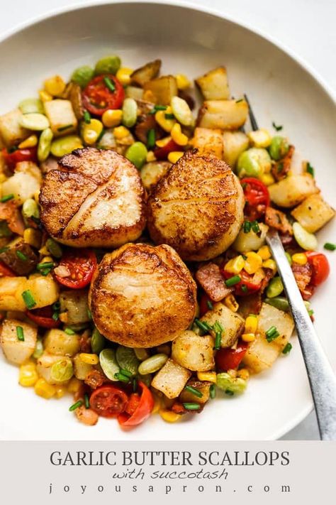 Scallops With Corn Succotash, Sides For Scallops Dishes, Healthy Scallop Recipes, Garlic Butter Scallops Recipe, Garlic Butter Scallops, Easy Scallop Recipes, Joyous Apron, Berry French Toast Casserole, Butter Scallops