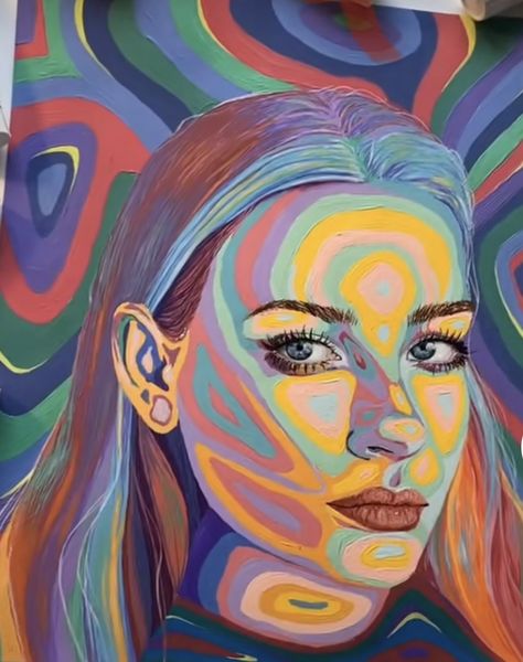 Colorful People Art, Self Portrait Drawing Abstract, Neon Portrait Painting, Rainbow Face Drawing, Rainbow Portrait Painting, Self Portrait Ideas Painting, Creative Self Portrait Painting, Colorful Portrait Drawing, Different Painting Styles