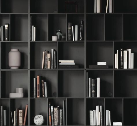 Wall To Floor Bookshelves, Dark Office Design, Entrance Shelf, Director Office, Furniture Textiles, Dark Office, Minimalist Book, Black Bookcase, White Bookshelves