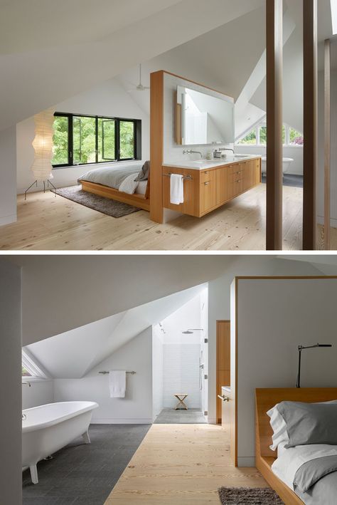 Standalone Bathtub, Bohlin Cywinski Jackson, Bedroom Closet Doors, Glass Shower Door, Attic Bathroom, Master Ensuite, Attic Bedrooms, Attic Renovation, Attic Remodel