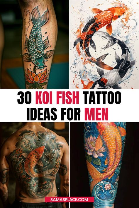 Koi fish tattoo ideas for men with symbolic designs representing strength and perseverance. Lotus Tattoo Men, Koi Fish Tattoo Ideas, Fish Tattoo Ideas, Koi Tattoos, Koi Fish Tattoos, Japanese Koi Fish Tattoo, Japanese Tattoos For Men, Koi Fish Designs, Koi Tattoo