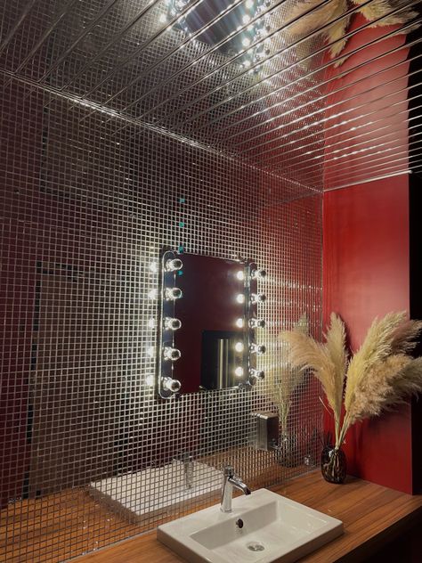 Disco House Aesthetic, Cbgb Bathroom, Disco Bathroom Decor, 80s Bathroom Aesthetic, Disco Toilet, Club Bathroom Aesthetic, Edgy Bathroom, Disco Bathroom, Crazy Bathrooms