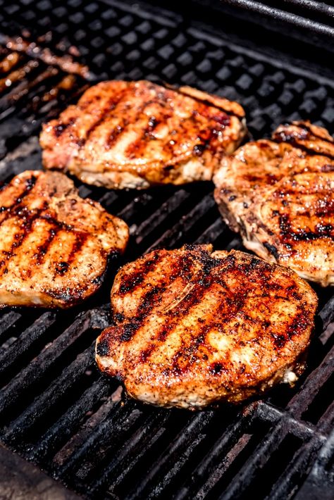 These Perfect Grilled Pork Chops with Sweet BBQ Pork Rub need to be on the menu for your next outdoor cookout or barbecue!  These succulent, juicy, bone-in pork loin chops with this homemade barbecue rub made with a little brown sugar and spices are sure to get rave reviews. #sponsored #pork #porkchops #easy #grilled #perfect #tender #juicy #summer #cookout #grilling #bbq #barbecue #rub #homemade #dinner Tender Bbq Pork Chops, How To Bbq Pork Chops, Grilling Bone In Pork Chops, Pork Chops On Bbq, Pork Loin Chops Recipes Boneless Grilled, Bone In Grilled Pork Chops, Best Bbq Pork Chops, Grilled Pork Chop Recipes Bone In, Bone In Pork Chops On The Grill