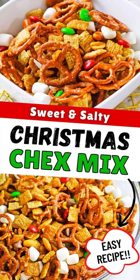 This easy Christmas Chex mix recipe is the ultimate Christmas party snack. Crunchy Chex and salty pretzels and peanuts get coated in caramelized brown sugar, baked, then tossed with rich chocolate chips, M&Ms, and fluffy marshmallows for the perfect sweet and salty party mix. Savory Christmas Chex Mix Recipes, Reindeer Mix Recipe Christmas Snacks, Chex Mix With M&ms, Christmas Trail Mix Recipes, Christmas Trail Mix, Christmas Chex Mix Recipe, Christmas Chex Mix, Savory Chex Mix, Savory Chex