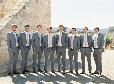 Mindy Rice Design, Gray Groomsmen Suits, Jose Villa Photography, Al Fresco Wedding, Champagne Tie, Wedding Groomsmen Attire, Groomsmen Grey, Grey Suit Wedding, Groomsmen Looks