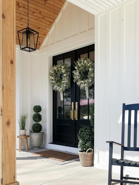 Black Double Front Door, Small Front Porch Decor, Discover Aesthetic, Front Porch Decor Ideas, Brick Pathway, Pumpkin Planter, Small Front Porch, Fairy Lights Bedroom, Double Front Doors