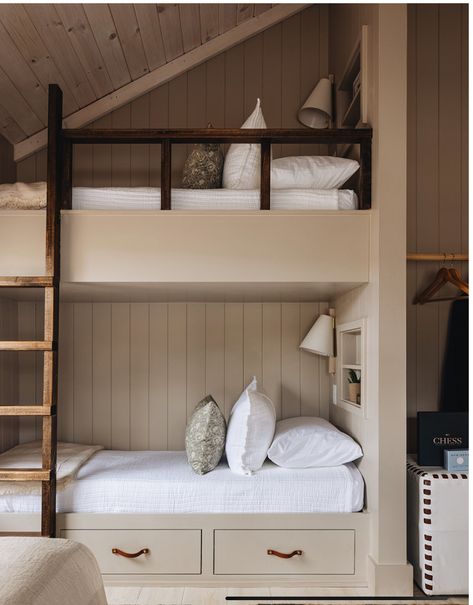 Cousin Bunk Room, Mcgee Bunk Beds, Built In Bunk Beds Vaulted Ceiling, Bunk Bed Shelves, Studio Mcgee Bunk Beds, Built In Bunk Beds Slanted Ceiling, Small Room Built In Bunk Beds, 4 Built In Bunk Beds, Cabin Playroom