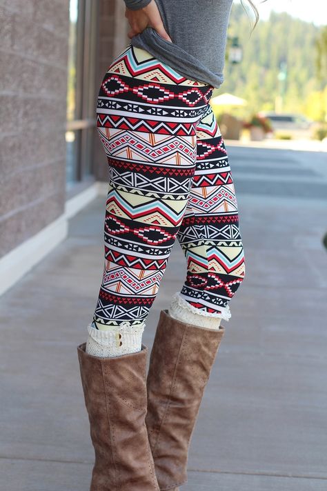 NanaMacs Boutique - Chevron Pyramids Aztec Print Fleece Leggings, $17.00 (http://www.nanamacs.com/chevron-pyramids-aztec-print-fleece-leggings/) Patterned Leggings Outfits, Sock Leggings, Aztec Print Leggings, Candy Boutique, Leggings Outfits, Boots And Leggings, Closet Candy, Cute Leggings, Patterned Leggings