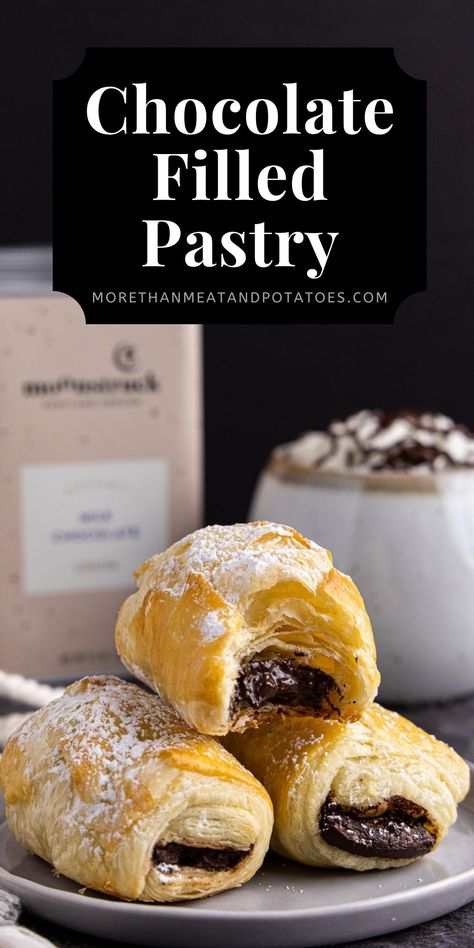 Chocolate filled pastry stacked on a plate. Puff Pastry With Chocolate Filling, Chocolate Filled Pastry, Chocolate And Puff Pastry, Chocolate Filled Bread, Chocolate Finger Food, Chocolate Puff Pastry Recipes, Chocolate Pastry Cake, Puff Pastry Chocolate, Using Puff Pastry