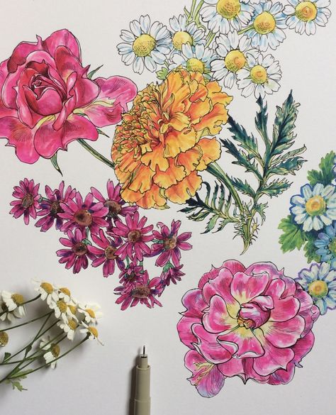 Realistic Flower Drawing, Art Markers Drawing, Simple Flower Drawing, Markers Drawing Ideas, Flower Drawing Tutorials, Wreath Drawing, Flower Art Drawing, Flower Sketches, Small Drawings