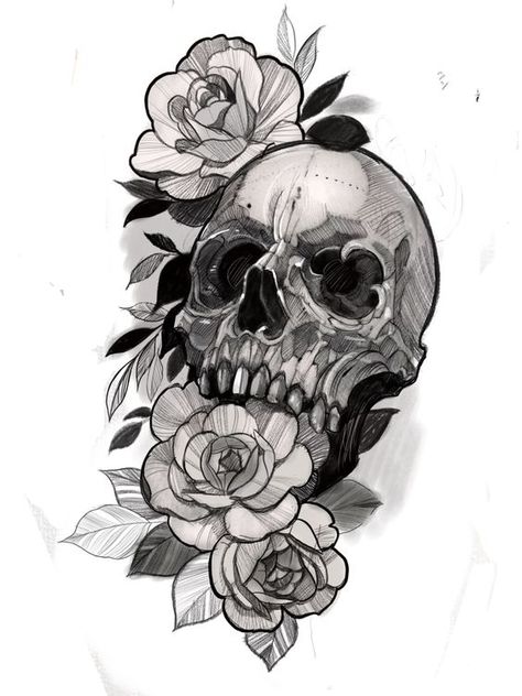 Neotrad Skull, Roses Skull Tattoo, Skull Flowers Tattoo, Skull And Flower Tattoo, Skull Flower Tattoo, Hals Tattoo Mann, Skull Tattoo Flowers, Skull Rose Tattoos, Flores Tattoo