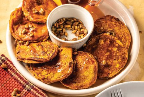 Pumpkin, cornmeal and dried cranberries, along with the flavors of pumpkin pie are set off by candied pecans Cranberry Pancakes, Pumpkin Pie Spice Mix, Easy Skillet Meals, Easy Skillet, Skillet Recipes, Breakfast Sweets, Braised Short Ribs, Pumpkin Pancakes, Pecan Recipes