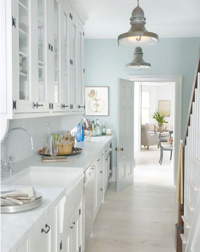 white  and pale blue - very calming and serene. Change the light fixtures to chrome and then I love everything! Blue Kitchen Walls, Light Blue Kitchens, Light Blue Walls, Blue Kitchen Cabinets, Kitchen Wall Colors, Kitchen Paint Colors, Blue Kitchen, Cabinets Kitchen, Blue Kitchens