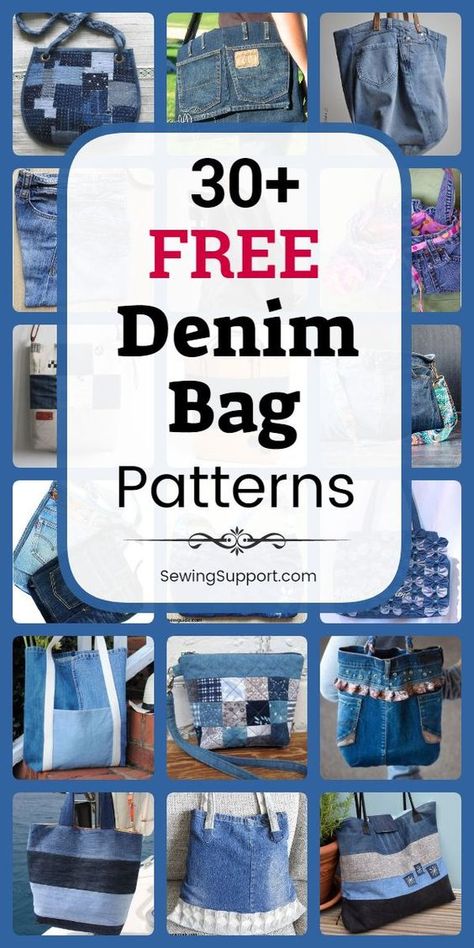 Free Denim Bag Patterns #recyclejeans #recyclejeansprojects #recyclejeansbagpattern Free Denim Bag Patterns, Diy Sac En Jean, Reconstruction Fashion, Diy Jeans Bag Tutorial, Denim Patchwork Bag, Denim Bags From Jeans, Diy Jeans Crafts, Återvinna Jeans, Topiary Centerpieces