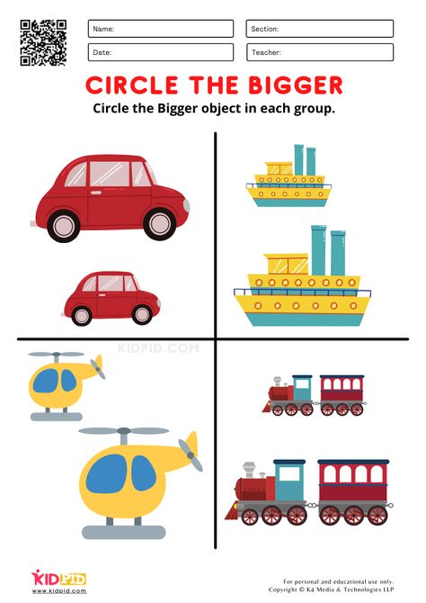 Big ; Small Worksheets for Preschool - Free Printabl Big and small worksheet of transports Big And Small Activities Preschool Free Printable, Big Small Concept For Kids, Big And Small Activities For Toddlers, Big And Small Worksheets For Preschool, Transport Worksheets For Kids, Transportation Worksheets For Kids, Big Or Small Worksheet, Big And Small Activities Preschool, Worksheet For Toddler