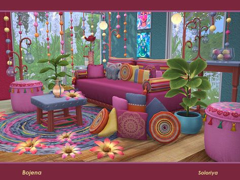 Boho living room. Includes 13 objects, has 2 color palettes. Items in the set:  Found in TSR Category 'Sims 4 Living Room Sets' Hippie Furniture, Hippie Living Room, Living Room Sims 4, Sims 4 Kitchen, Hippie Living, Sims 4 Bedroom, Sims 4 House Design, Sims Building, Sims4 Clothes