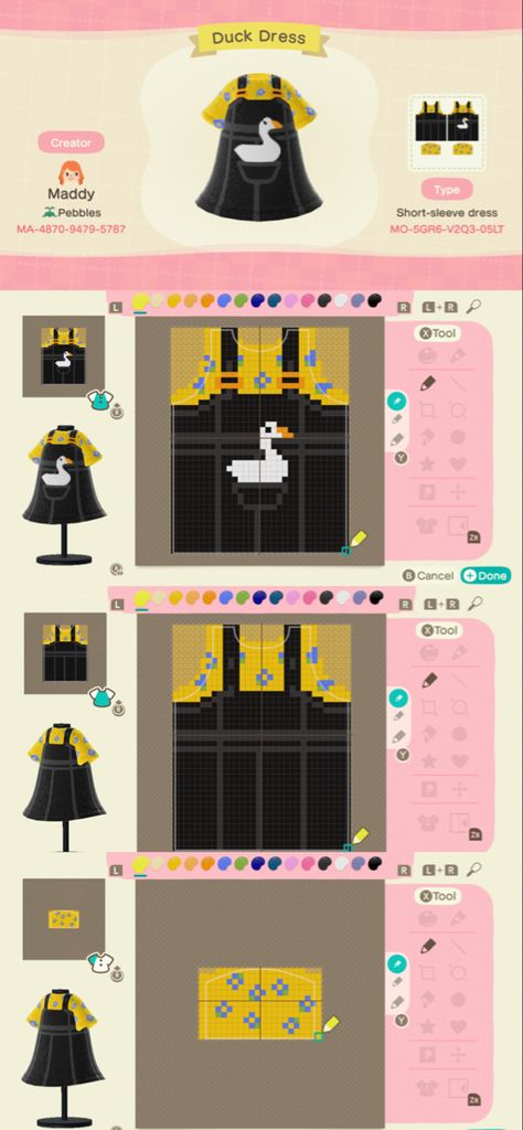 This dress is inspired by the one created by hitsuji.mofumofu on instagram. It features a duck in a pocket!! Acnh Clothes Pattern Grid Summer, Animal Crossing Outfit Patterns, Acnh Pixel Guide, Acnh Short Sleeve Dress Design, Dresses Animal Crossing, Acnh Dress Design, Animal Crossing Dress Design, Ducky Clothes, Pixel Clothes