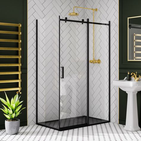 Types of Shower Trays | Victorian Plumbing Sliding Door Shower, Minimal Bathroom Design, Slate Shower, Frameless Sliding Doors, Tile Walk In Shower, Black Shower Tray, Walk In Shower Enclosures, Bathroom Design Black, Loft Bathroom