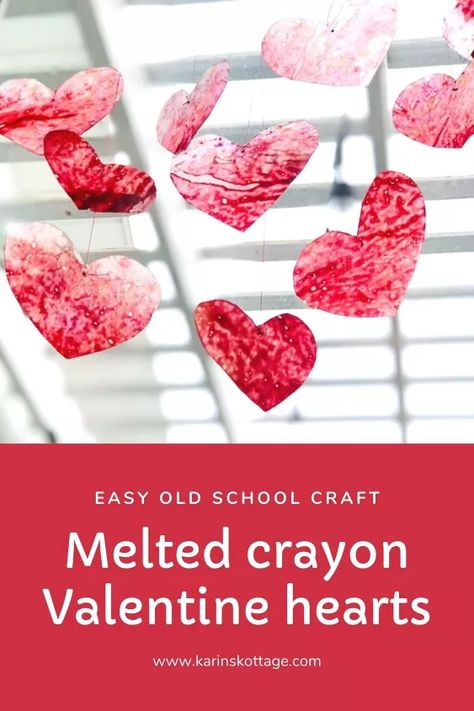 Here is a super fun old school way to make Valentine decorations. Melted crayon Valentine stained glass hearts! This is a really easy and fun to do! Even the kids can get involved. Supplies needed- Old crayons Grater and or knife Wax paper Iron Scissors Prepping crayons First I took the paper off of all the crayons that I wanted to use. I tried to pick pinks, reds, yellow and oranges. I used my zester to grate the crayons. Next I ripped off two sheets of waxed paper lar… Valentine Crayon Melt, Melted Crayon Heart, Stained Glass Hearts, Crayon Valentines, Heart Sugar Cookie, Valentines Party Decor, Crayon Heart, Loads Of Love, Heart Shaped Wreaths