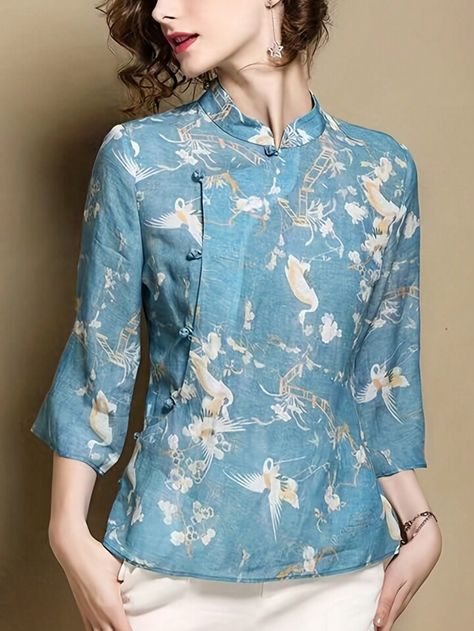 Free Returns ✓ Free Shipping✓. Floral Print Mandarin Collar Blouse- Women Blouses at SHEIN. Mandarin Collar Blouse, Marc Jacobs Dress, Women Blouses, Collar Blouse, Floral Top, Mandarin Collar, Fashion Online Shop, Three Quarter, Online Fashion